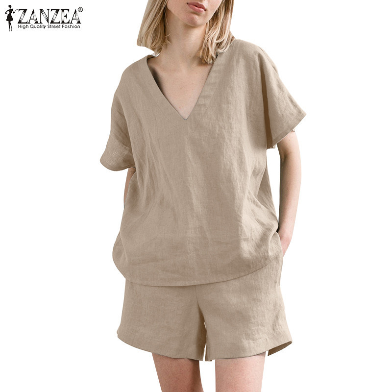Zanzea แฟชั ่ นสตรีคอวีแขนสั ้ นเอวยางยืดกระเป ๋ าวันหยุดชุดสีบริสุทธิ ์