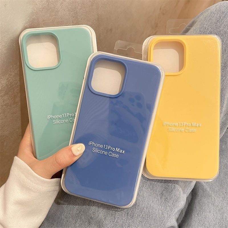 กรณีสีเหลือง Lake Blue Flocked ซิลิโคนเคสโทรศัพท์สําหรับ iPhone 15 14 11 12 13 Pro X XS Max XR 7 8 14 15 Plus อัญมณีสีเขียวตรงขอบ
