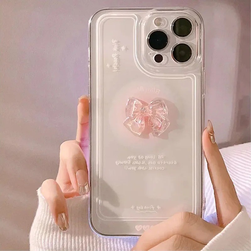 น่ารัก 3D Bowknot Space Case สําหรับ iPhone 16 11 12 13 14 15 Pro Max XR X XS Max 7 8 SE2 Mini ซิลิโคนใสสามมิติคริสตัลนุ่ม