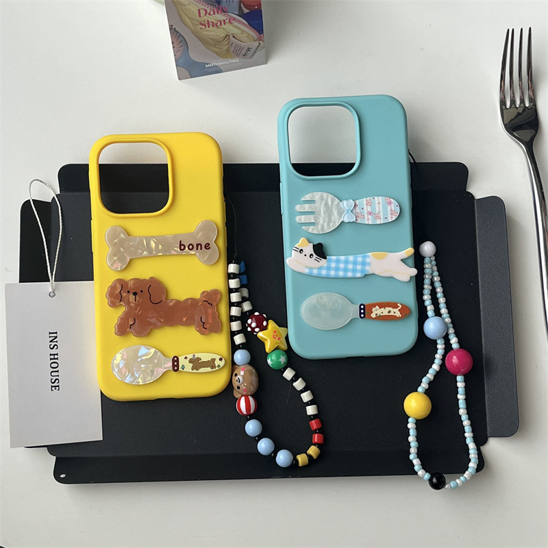 น่ารัก DIY สเตอริโอช้อนสําหรับสุนัขและแมวเคสโทรศัพท์สําหรับ iPhone15 14 13 12 11 Pro MAX IXS MAX XR XS ปลอกกันกระแทกกล้องซิลิโคนป้องกันนุ่มปกหลัง