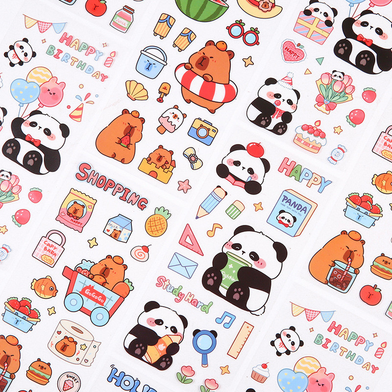 5 แผ่นน่ารักการ์ตูน Panda & Capybara สติกเกอร์นักเรียนสมุดภาพเครื่องเขียน Deco DIY โปร่งใสกันน้ําสติกเกอร์ PET