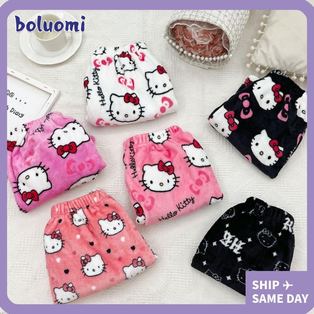 SANRIO โบลูโอมิ กางเกงนอนขาสั้น,กางเกงนอนคิตตี้ ซานริโอ,น่ารักนุ่มน่ารักการ์ตูนชุดใส่ในบ้านที่สะดวกสบายสําหรับผู้หญิง
