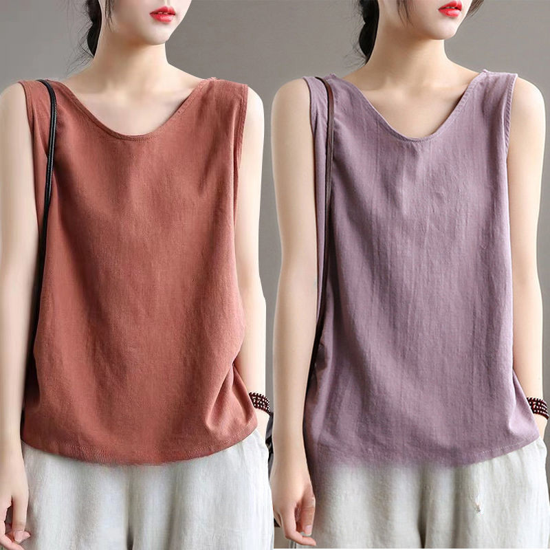 ผ้าฝ้าย 100% และผ้าลินินขนาดบวกหลวมเสื้อกั๊กผู้หญิงแขนกุดด้านบน