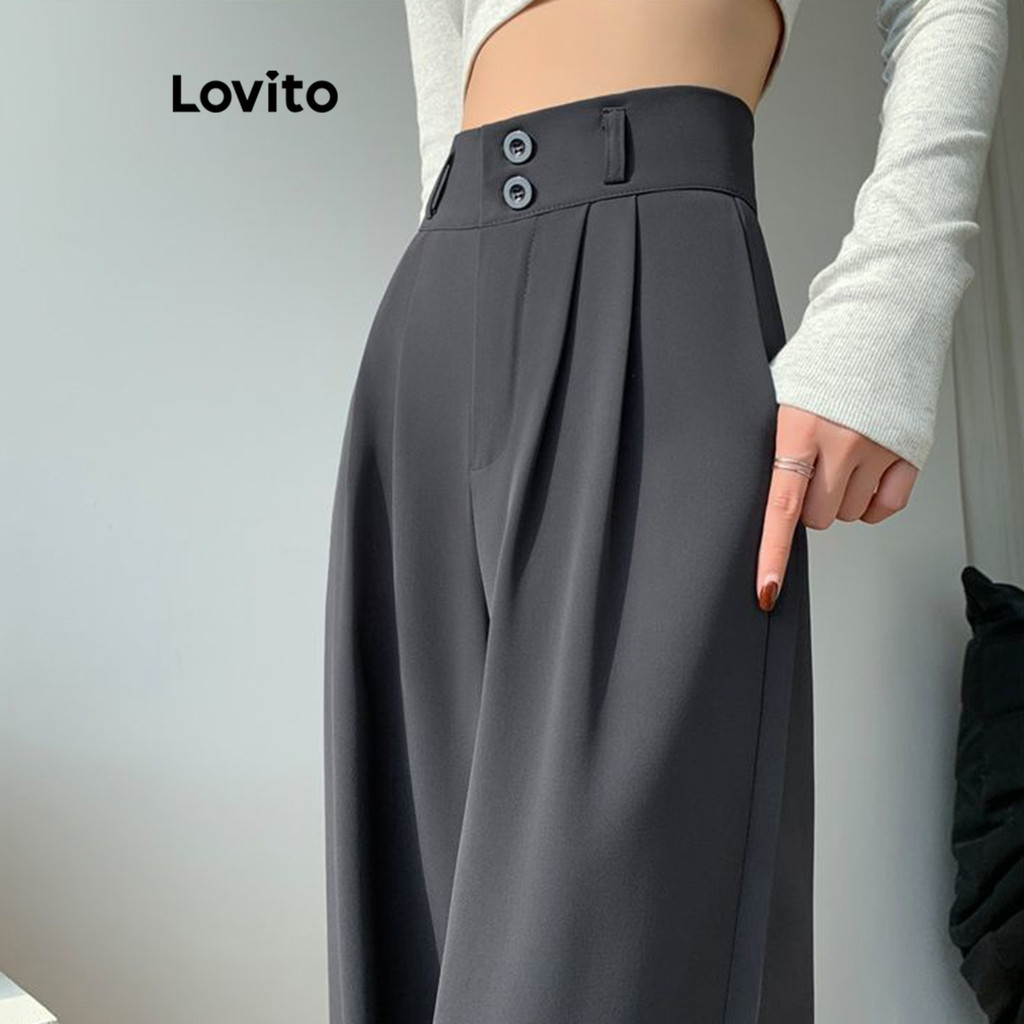 Lovito กางเกงขายาวผู้หญิง มีกระดุม สีพื้น สไตล์ลำลอง LNE57366