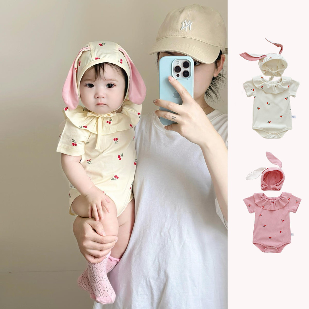 ฤดูร้อนใหม่เสื้อผ้าเด็กสาวแขนสั้น ชุดรอมเปอร์ + หมวกกระต่าย 2 ชิ้น 0-24 เดือนน่ารักสุดน่ารักผ้าฝ้ายแท้กระต่ายสไตล์บอดี้สูทกับหมวก