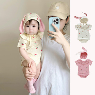 ฤดูร้อนใหม่เสื้อผ้าเด็กสาวแขนสั้น ชุดรอมเปอร์ + หมวกกระต่าย 2 ชิ้น 0-24 เดือนน่ารักสุดน่ารักผ้าฝ้ายแท้กระต่ายสไตล์บอดี้สูทกับหมวก