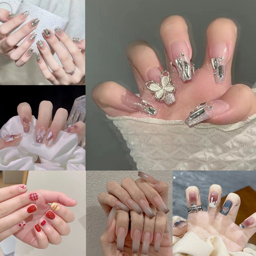 ใหม่free Glue2025 ใหม่ล่าสุด 24 ชิ้น French Nail Art ปลอม Nais ชุดกาวอะคริลิคเล็บเต็ม COD