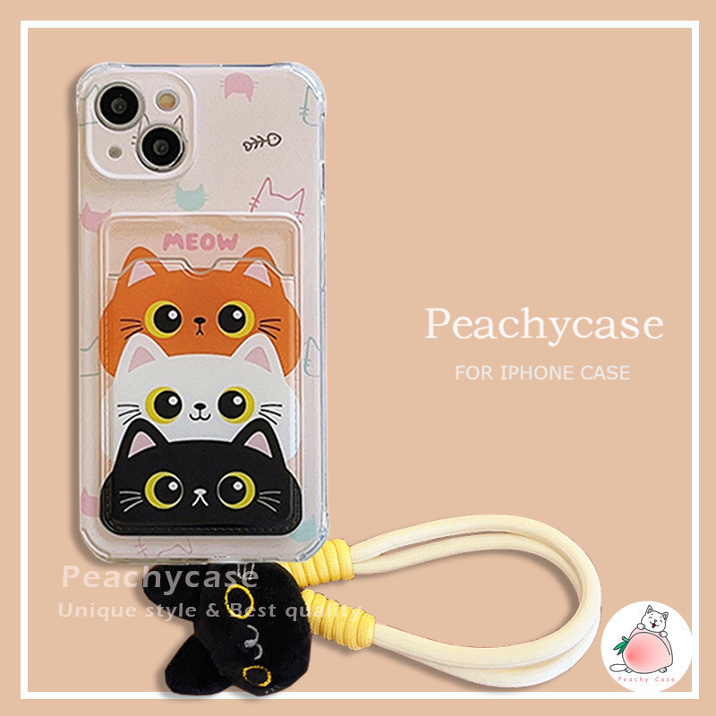 แมวน่ารักตุ๊กตาสายรัดข้อมือช่องเสียบการ์ดเคสโทรศัพท์เข้ากันได้สําหรับ ไอโฟน 15 14 13 12 มือโปร สูงสุด 11 15โปรแม็กซ์ ทีพียู เต็มครอบคลุมทนต่อการตกปกหลังปลอก