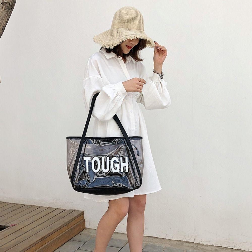 Yunhi กระเป๋าชายหาดฤดูร้อน, PVC พร้อมกระเป๋าแต่งหน้าผู้หญิงกระเป๋าสะพายไหล่, Casual สีทึบขนาดใหญ่ความจุซิปกระเป๋าเยลลี่ใส - รูปที่ 7