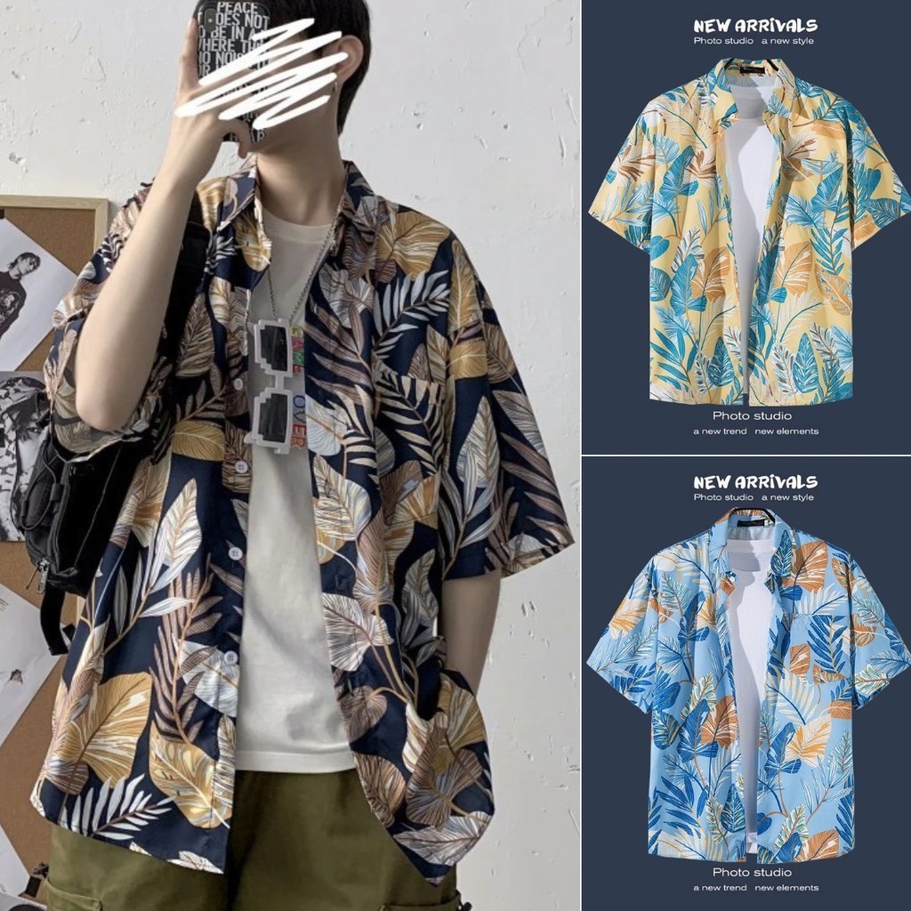 ส่งไวจากไทย Maisidahouse แขนสั้น ฤดูร้อน ผู้ชายและผู้หญิง แฟชั่น บาง หลวม ลายดอกไม้ ย้อนยุค