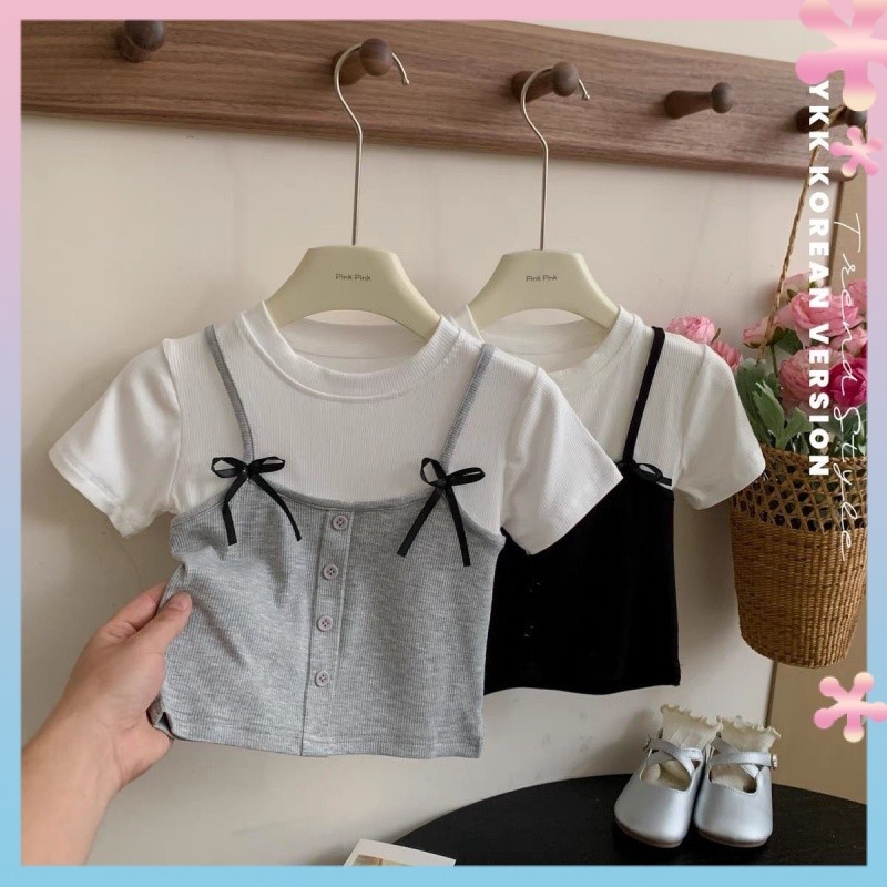 Girls' Short SleeveTT-shirt2024Summer New Baby Trendy Fake Two Pieces Contrast Color Fashionable Children's Half Sleeve ToptTide