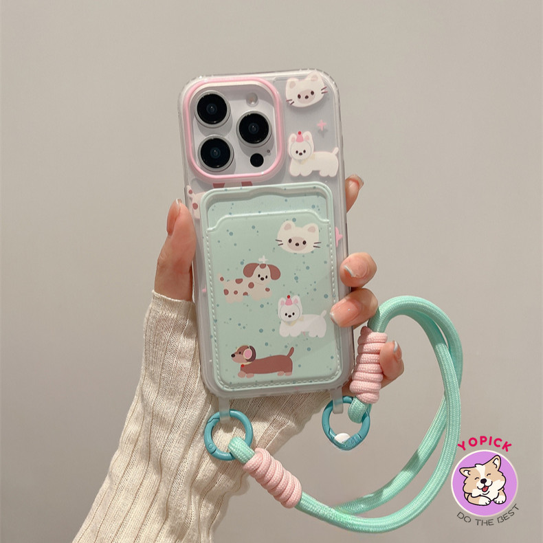 Mintสีเขียวสาดหมึกดัชชุนสําหรับiphone15 11promax 14plus 7plus 8plus 7 8 11 12proเคสโทรศัพท์14 13Promaxผู้ถือบัตรการ์ด12 Soft Case 11 Chain Lanyardแมวน่ารักใหม่หญิงGKB
