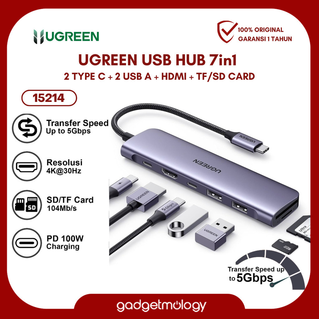 UGREEN USB HUB 7in1 Type C to HDMI / TF / SdCard / USB-A 3.0 5GB / S Converter Multi Port Splitter -