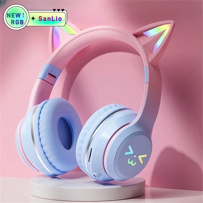 【SanLio】ชุดหูฟังบลูทูธไร้สาย RGB ทรงหูแมว พร้อมไมโครโฟน ตัดเสียงรบกวน สีชมพู สําหรับโทรศัพท์มือถือ เล่นเกม earphone