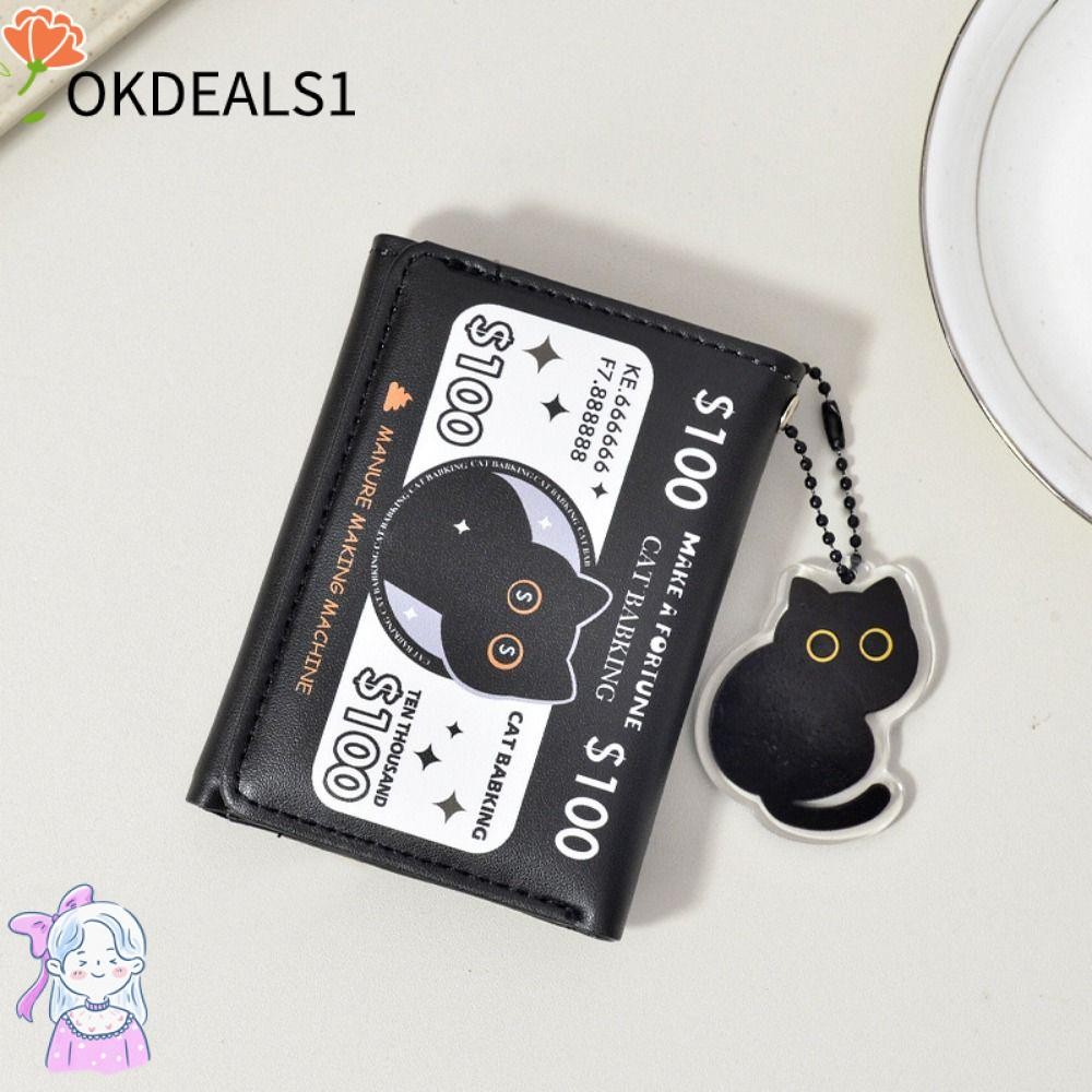 Dealshop หนังกระเป๋าเงินเหรียญ,สีดํา + สีขาว PU หนังเทศกาล Fortune กระเป๋าสตางค์, Minimalist สามพับขนาดใหญ่ความจุแมว Babking Design Mini กระเป๋าสตางค์ผู้หญิง