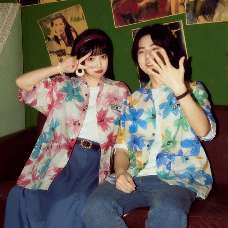 Couture เสื้อคู่รักลายดอกวินเทจ แขนสั้น ทรง Oversize thumbnail 5