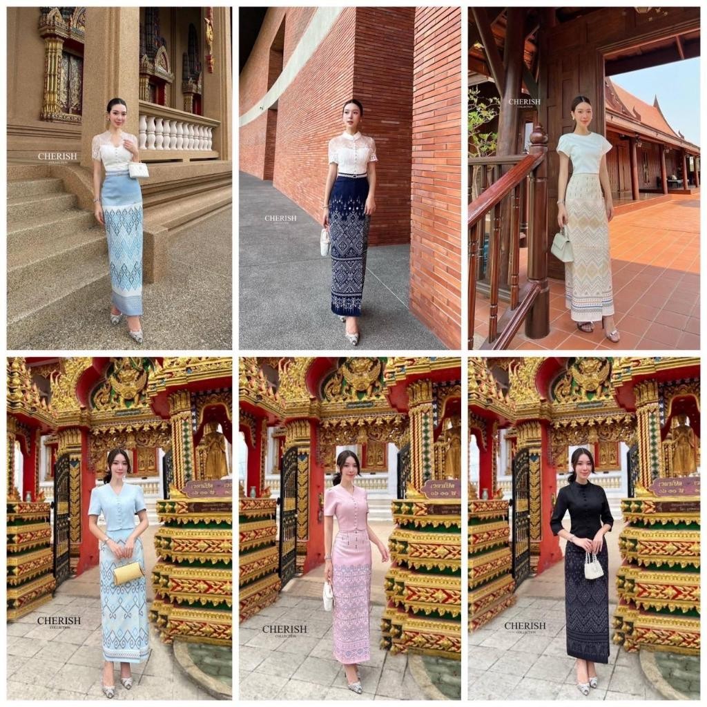 Nutcha. (พร้อมส่ง)  Cherish3 เซ็ทงานบุญ 3 ชิ้น เสื้อลูกไม้ เสริมซับในอย่างดี ใส่คู่ผ้าถุงสำเร็จเนื้อ