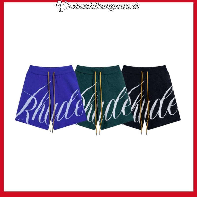 แฟชั่น RHUDE กางเกงขาสั้นลําลอง ผ้าถัก ทรงหลวม พิมพ์ลายตัวอักษร สําหรับผู้ชาย และผู้หญิง