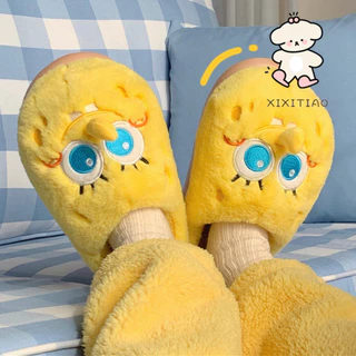 Xixtiao รองเท้าแตะผ้าฝ้าย SpongeBob SquarePants ฤดูใบไม้ร่วงฤดูหนาวสไตล์ Baotou ขนแกะในร่มนุ่มหนา-