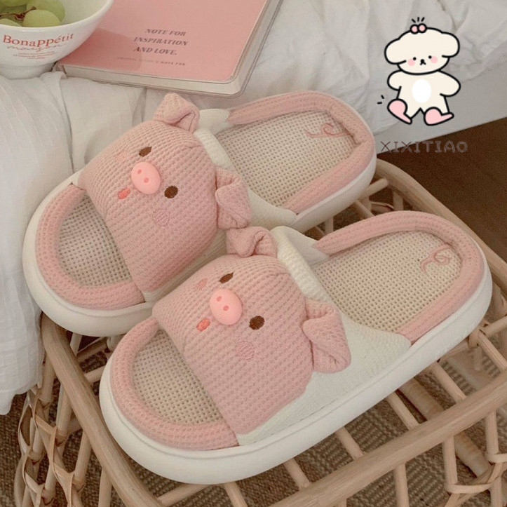 Xixitiao Four Seasons Universal Soft หนา-Soled รองเท้าแตะผ้าลินินน่ารัก Piggy Home รองเท้าแตะ