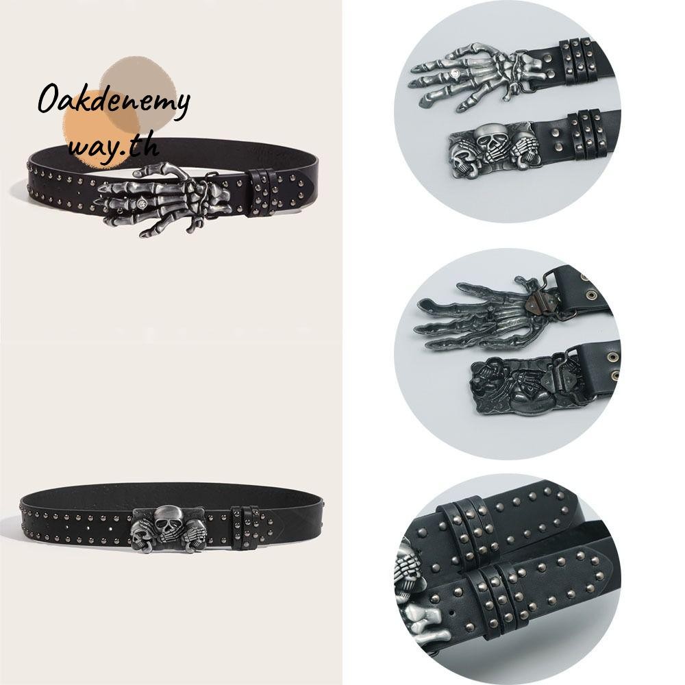 Oakdenemyway เข็มขัดกะโหลกศีรษะ, เข็มขัดหมุดย้ําแบบสบาย ๆ แบบปรับได้, เข็มขัดหนังโกธิคอเนกประสงค์ Punk Y2k