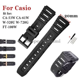 20 มม.ซิลิโคนสําหรับ Casio W-720 W-722 W-741 WL-100 CA-53 CA-61 เปลี่ยนสายนาฬิกายางสีดํากันน้ํากีฬาสายรัดข้อมือผู้ชายผู้หญิงสร้อยข้อมือ