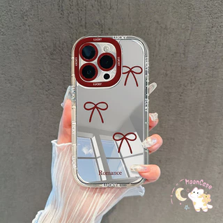 สีแดง โบว์ เคสไอโฟน12 สำหรับ IPhone 15 11 14 12 13 16 Pro Max XR X XS 8Plus 7Plus Max 13 7 8 Plus SE พื้นผิวกระจก