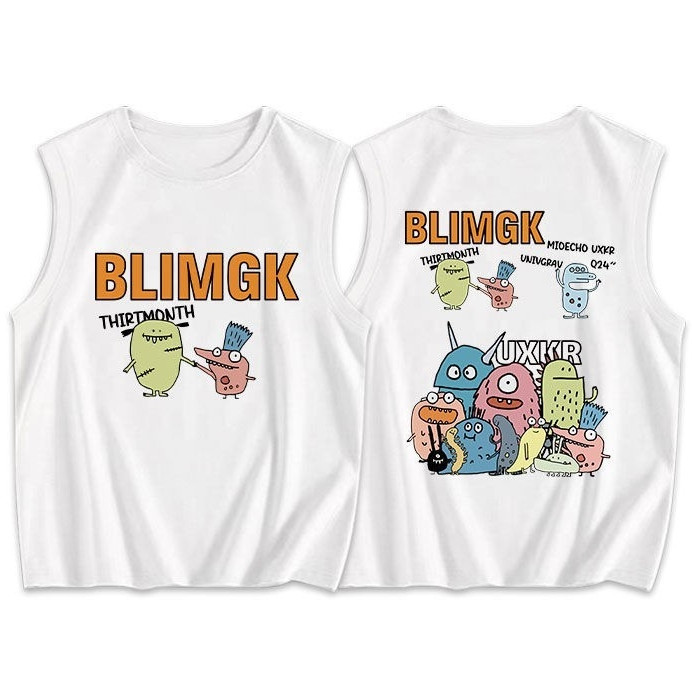 NEW เสื้อแขนกุดขาว-ดำ สกรีนลายการ์ตูนหน้า-หลัง OP-1052