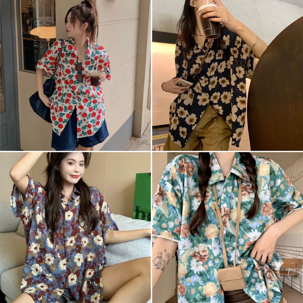 Luna Shop  พร้อมส่ง เสื้อเชิ้ตฮาวายผู้หญิง เสื้อลายดอกไม้ แขนสั้น ผ้าใส่สบาย เทศกาลสงกรานต์ ดีไซน์กระดุมหน้า สไตล์เกาหลี