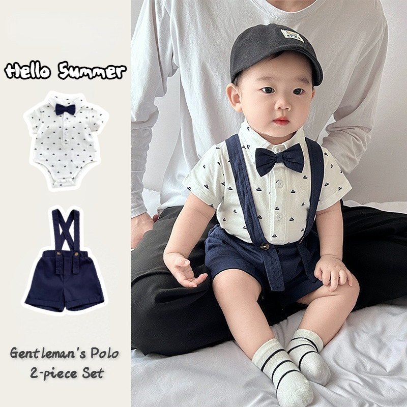 ฤดูร้อนใหม่เสื้อผ้าเด็กแขนสั้น รอมเปอร์ + ชุดเอี๊ยม 2 ชิ้นชุด 0-28 เดือนเด็กโปโลหล่อสไตล์วิทยาลัยชุดวันเกิด บัพติศ