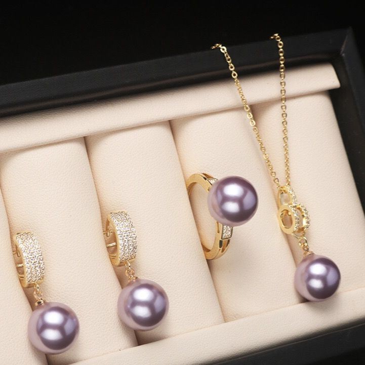 ชุดเครื่องประดับ GHG Shell Pearl แบบสามชิ้น ประกอบด้วยสร้อยคอ จี้ แหวนและต่างหูลูกปัด สไตล์คลาสสิก