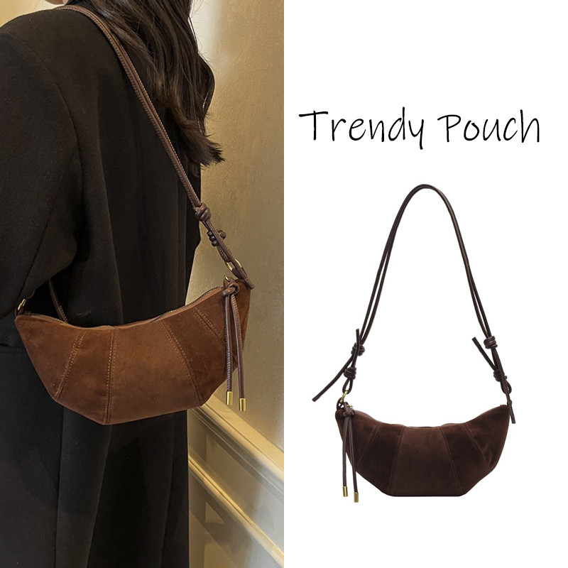 TRENDY POUCH  suede bag กระเป๋าสีน้ําตาลวินเทจ หนังกลับ lune ผู้หญิง