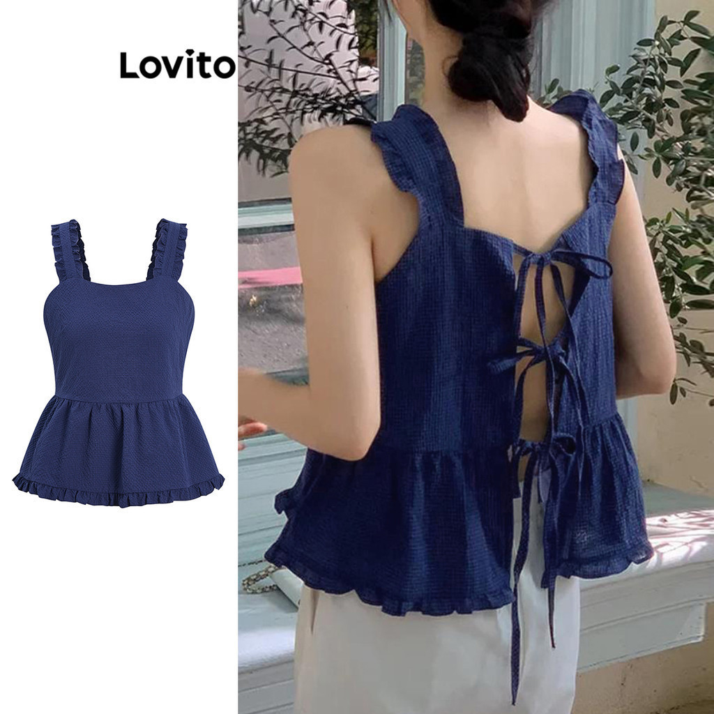 Lovito เสื้อกล้ามลําลอง ลายกิงแฮมระบายชายเสื้อTie เสื้อกล้ามด้านหลังสําหรับผู้หญิง L96MD168