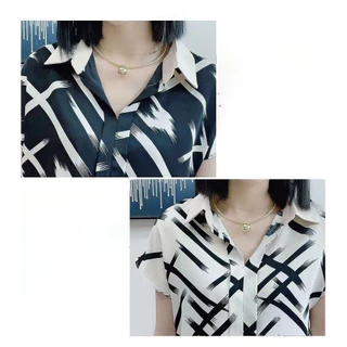 ชีฟองแขนสั้นผู้หญิงเสื้อด้านบนที่เรียบง่ายอเนกประสงค์หลวมคอวี
