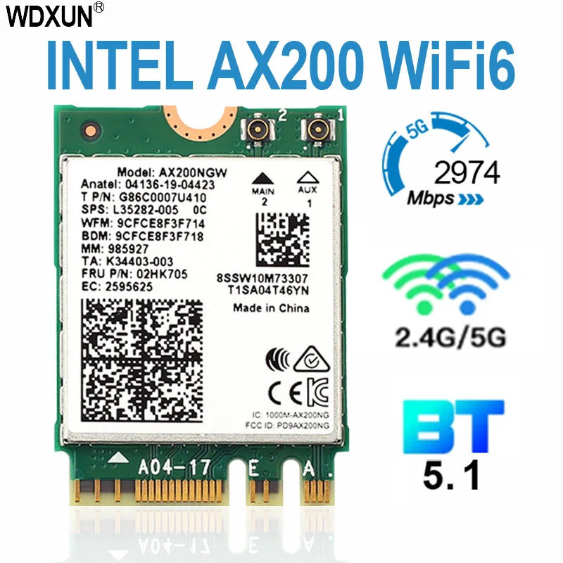 Dual band 2.4Gbps Intel Wi-Fi 6E AX200 AX200NGW 802.11ax/ac MU-MIMO 2x2 โมดูล Wifi NGFF M.2 บลูทูธ 5