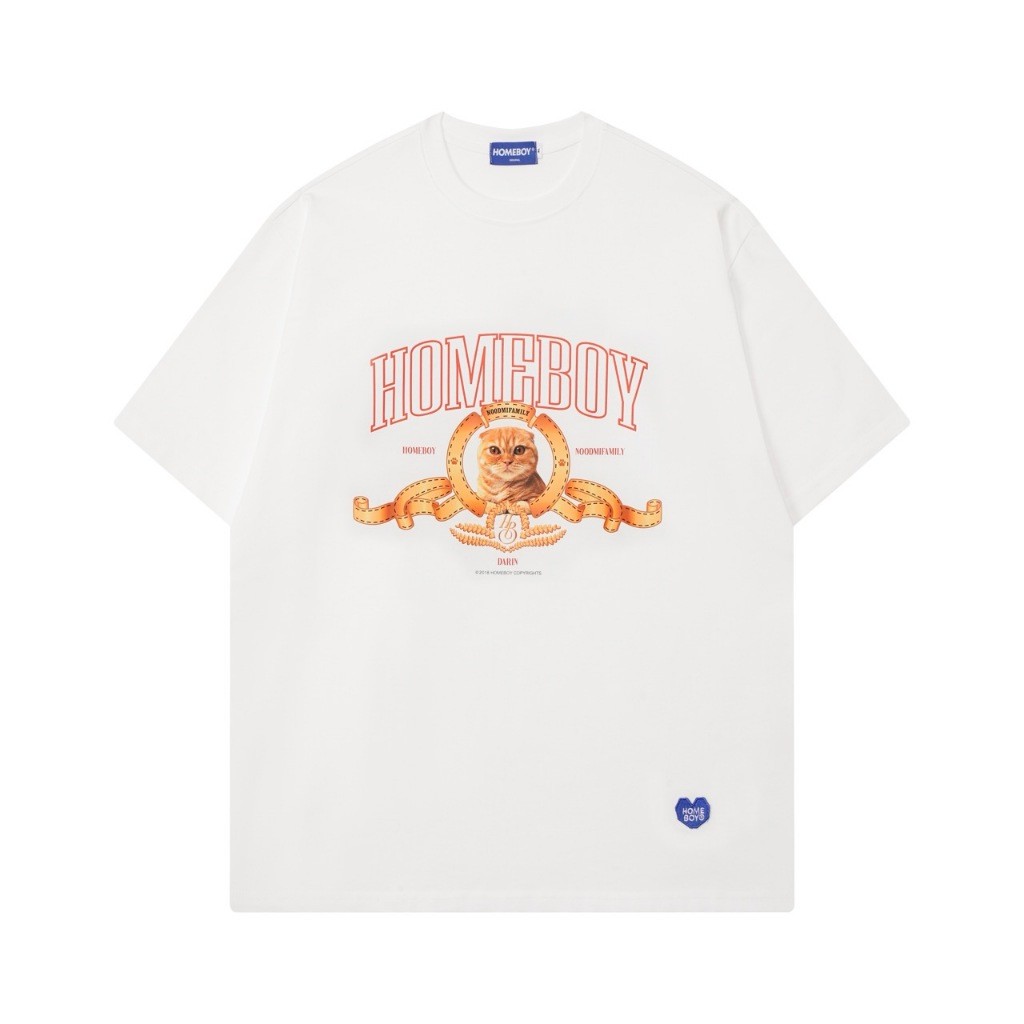 เสื้อยืดแขนสั้นผ้าฝ้ายแท้คอกลมพิมพ์ลายสีส้มสะดุดตา< HOMEBOY} ตัวอักษรด้านล่างเป็นลายหมีดีไซน์โดยรวมเ