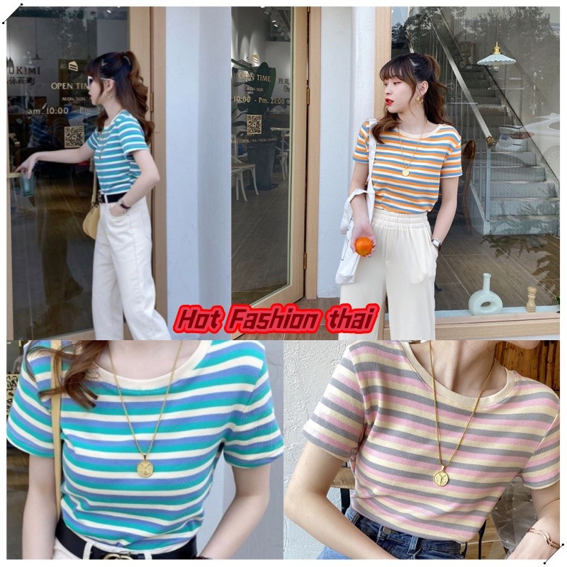 Hot  fashion  thai ~พร้อมส่ง' เสื้อสายเดี่ยวลายริ้ว  แถบรอบคอสามสีให้เลือก-FYB16