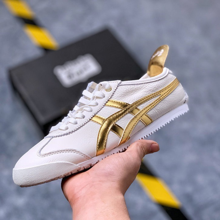 Asics Onitsuka Tiger Mexico 66 รองเท้าหนังผู้ชายและผู้หญิงรองเท้าผ้าใบ Tiger White Gold