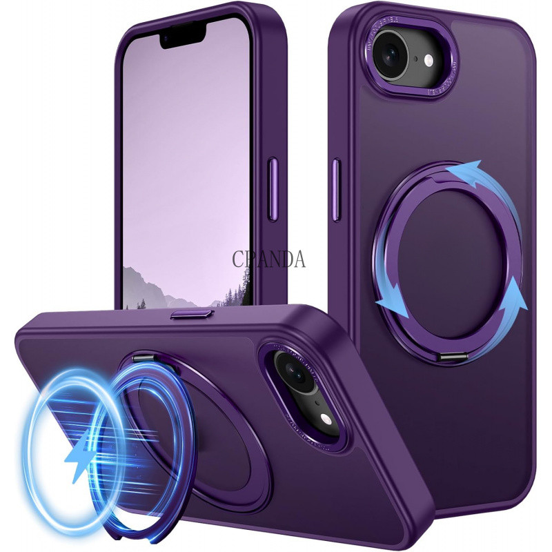 แม่เหล็กแรงสูงสําหรับ iPhone 16e Case 2025 พร้อมขาตั้ง,360°วงแหวนหมุนได้ ออกแบบได้,พื้นผิวเคลือบโปร่งแสงป้องกันเกรดทหารกันกระแทก,สีม่วงทั้งหมด