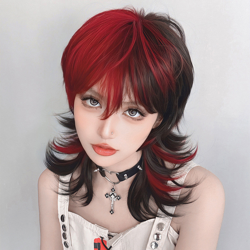 7JHH WIGS ยุโรปอเมริกันวิกผมหญิงสั้นผมหยิก Bangs Burgundy เน้น Mullet หัวเต็มหมวกเส้นใยเคมีผม