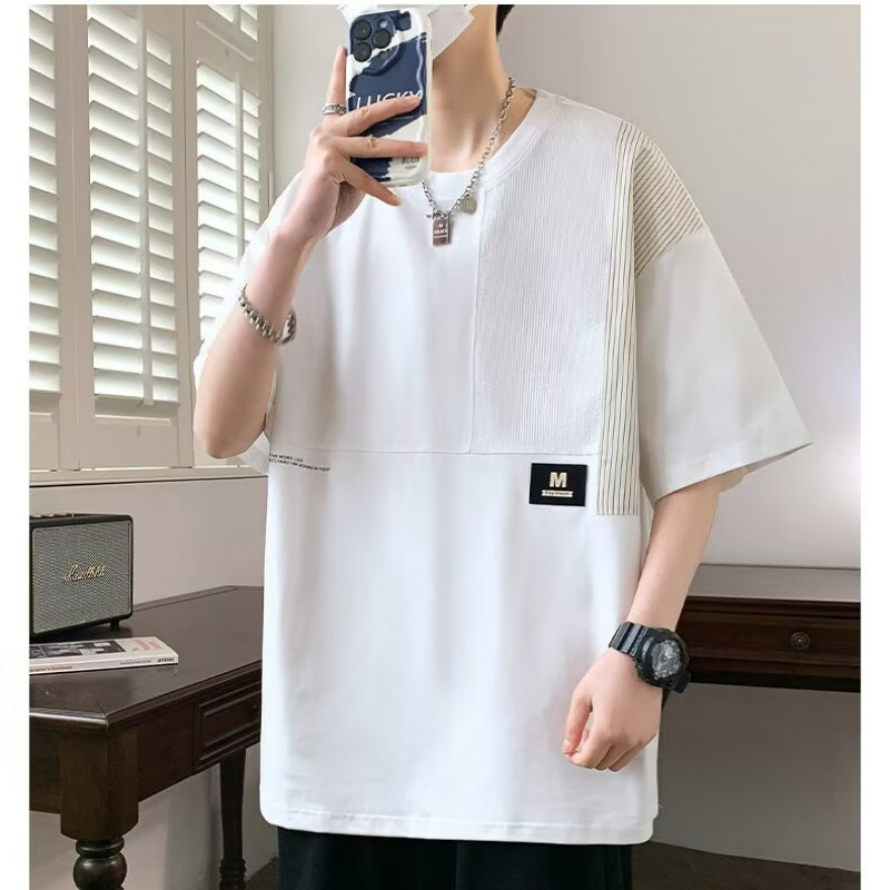 M-8xl Fat Man แฟชั่นสีบล็อกด้านบนผู้ชายขนาดบวกเสื้อยืดลําลองหลวมแขนสั้นขนาดใหญ่ Tee - รูปที่ 5