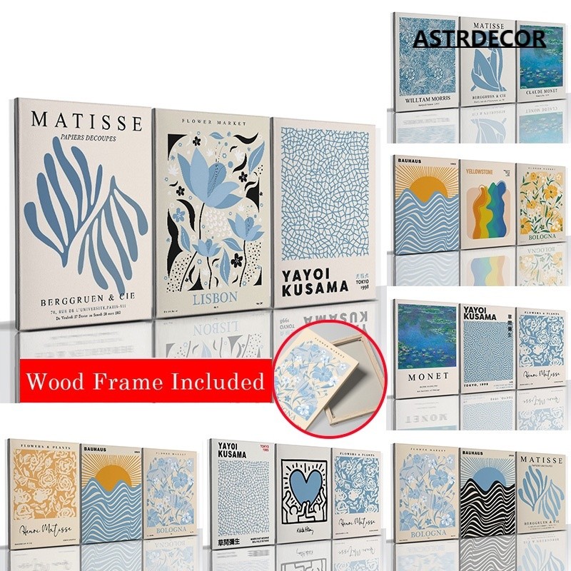 (พร้อมกรอบ) โปสเตอร์ภาพวาดผ้าใบ ลายดอกไม้ สีฟ้า 3 ชิ้น สําหรับตกแต่งผนังบ้าน