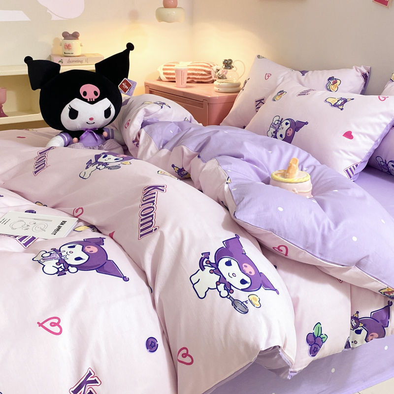 Kuromi ชุดเครื่องนอน ผ้าปูที่นอน ผ้าฝ้ายแท้ ลายการ์ตูน Sanrio สี่ชิ้น K6 สําหรับเด็ก