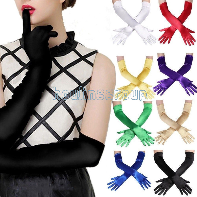 ถุงมือผ้าไหมซาติน ยืดหยุ่น สีม่วง สีแดง สีดํา และสีขาว หลากสี เครื่องประดับ สําหรับเจ้าสาว งานแต่งงาน