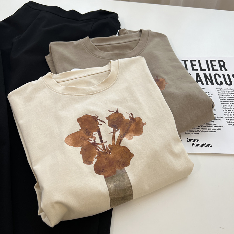 Suxi Retro Minimalist Printing เสื้อยืดแขนสั้นคอกลมหลวมสไตล์เกาหลี 240413