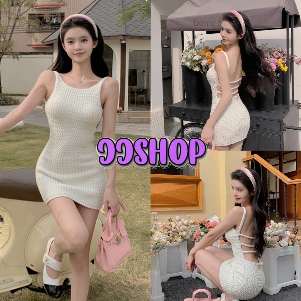 JJ Shop​💜​พร้อมส่ง ชุดมินิเดียวถักไหมพรม สีขาว รัดรูปใส่สบาย "45682"