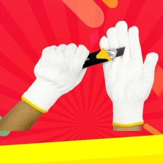 ถุงมือผ้าทอ สีขาวขอบเหลือง (บรรจุ 12 คู่/แพ็ค)