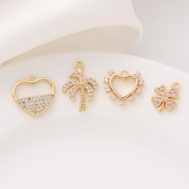 จี้ 14K ฝังทองเพทายพีชจี้หัวใจแฮนด์เมด diy สร้อยข้อมือโคลเวอร์สี่ใบจี้ขนาดเล็กสร้อยคอจี้ต้นมะพร้าว