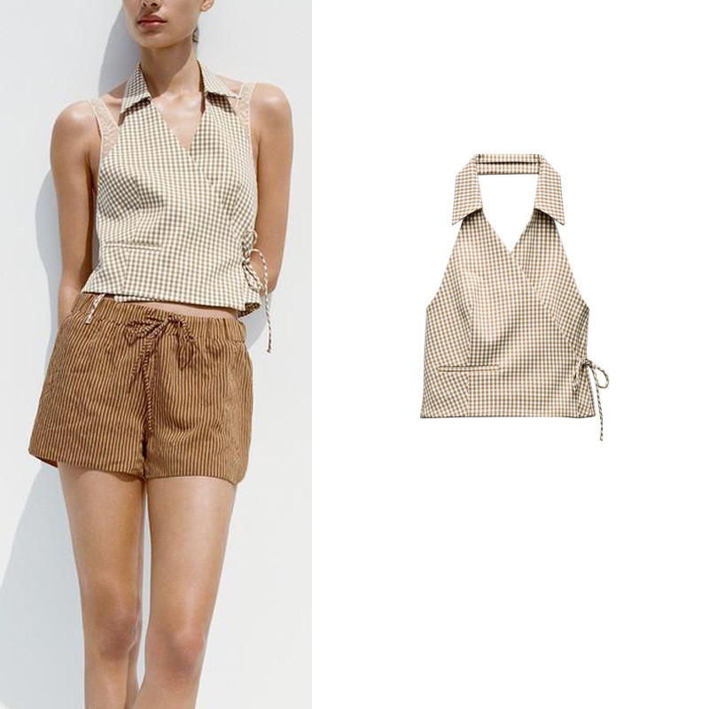 Zara ฤดูร้อน สินค้าใหม่ ย้อนยุค คอวี เชือกแขวนคอ ตรวจสอบเชือกแขวนคอ ด้านบน ผู้หญิง 2010740 700