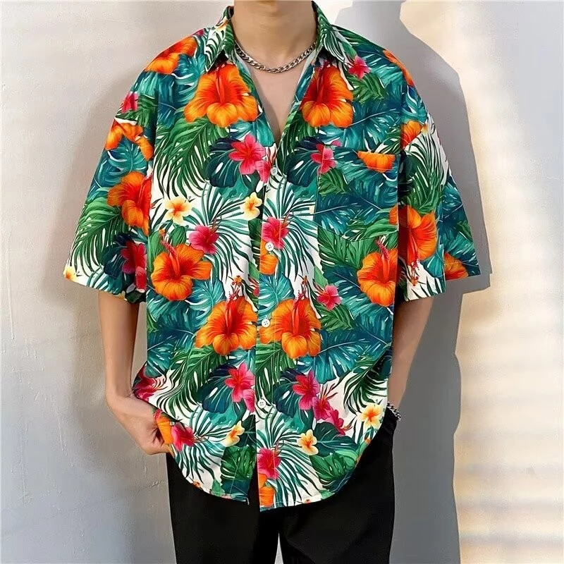 เสื้อเชิ้ตแขนสั้นลายดอก สไตล์เกาหลีวินเทจ เสื้อวันหยุด